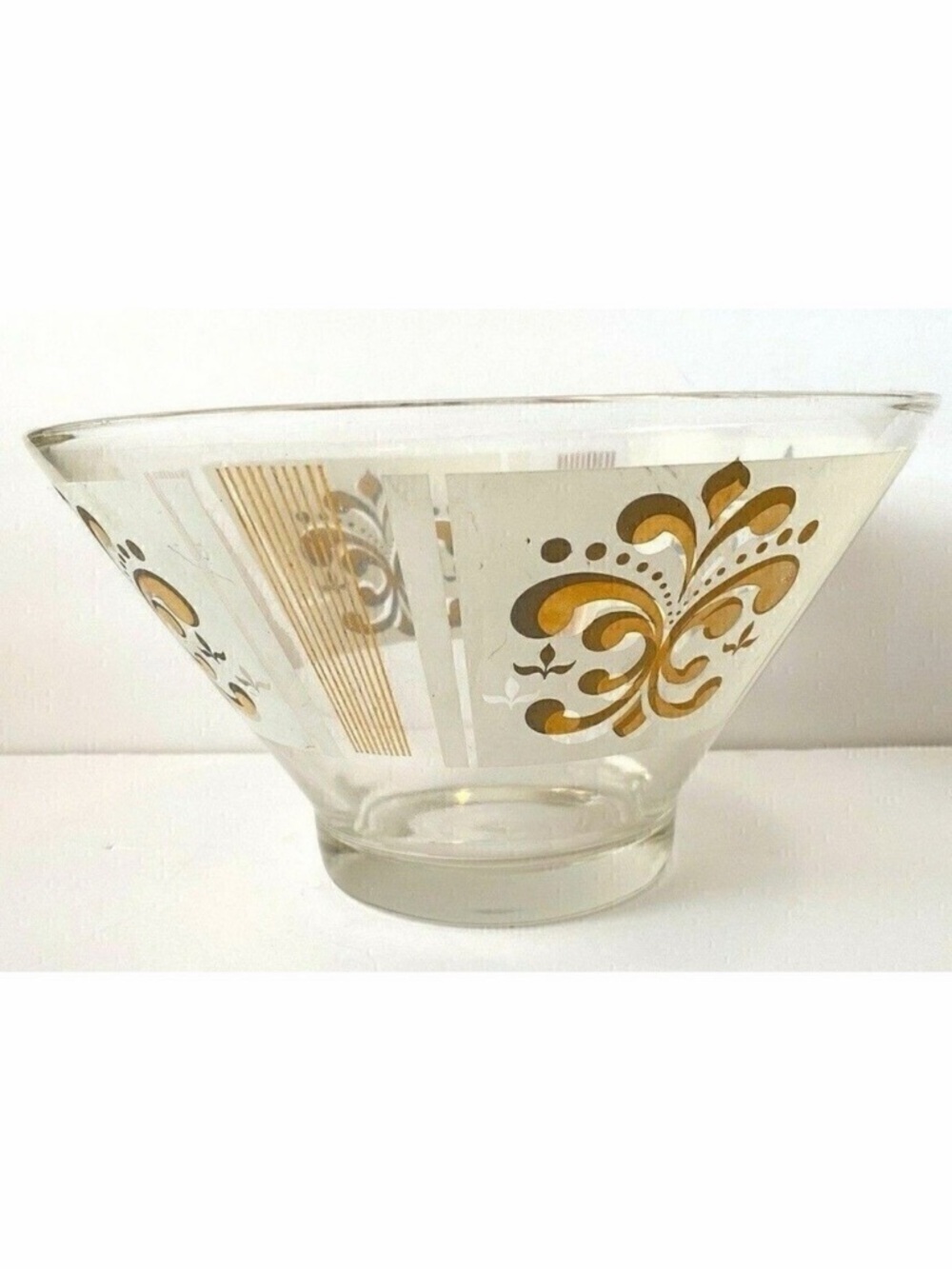 Mid Cenrury Chip Dip Salad Bowl Clear Gold Etched Foil Fleur De Lis Frosted